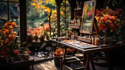 artist's easel in the studio, set among the autumn foliage.. Brushes and a palette lie on a wooden...