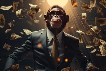 Chimpanzee in modern suit with sunglasses, cash money is flying - obrazy, fototapety, plakaty