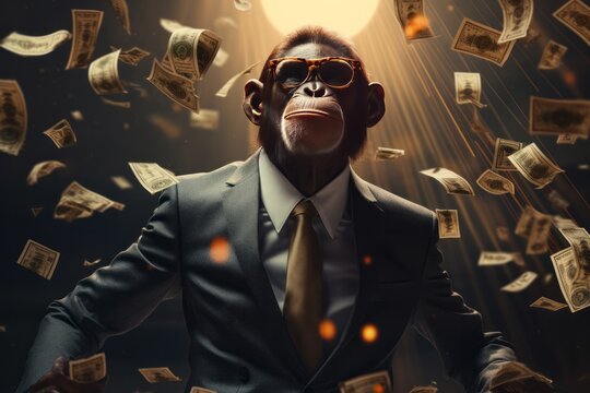 Chimpanzee in modern suit with sunglasses, cash money is flying