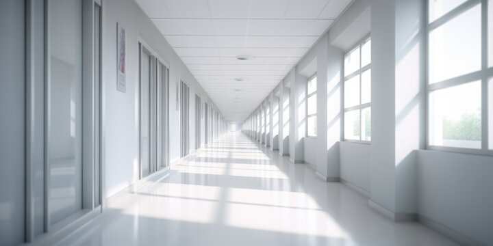 Hospital corridor with windows, in the style of bokeh, light gray, bauhaus, light white, skillful. Generative AI image weber.