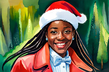 Smiling african Santa girl with Christmas hat