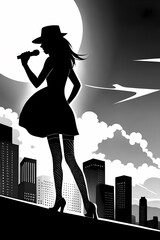 Silhouette of girl singing with microphone for the city