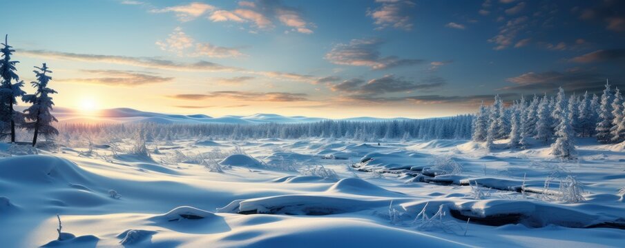 frost-covered trees in snowdrifts. Magic winter forest. Natural landscape with beautiful sky. 