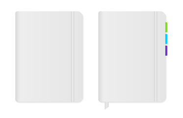 Mockup of realistic white notebook with elastic. Notebook template with blue, green, purple bookmark. Design Template of Copybook with Elastic Band for Mockup. Top View. Vector illustration