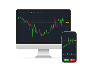 Trading candlestick chart on electronic devices. Stock market chart, analysis interface, UX on smartphone, desktop. Forex market. Binary options. Trading application screen. Vector illustration