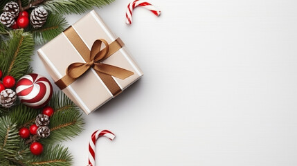 Fototapeta na wymiar Christmas wrapping present, gift box with ribbon, copy space