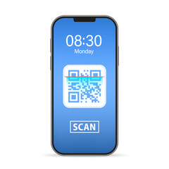 Scan Qr code and pay with mobile phone. Mobile scan QR code pay bill on top of invoice on blue background. Convenient and fast mobile bill payment concept online transactions. Vector illustration