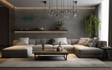 Stylish interior of modern living room with light wall. AI, Generative AI