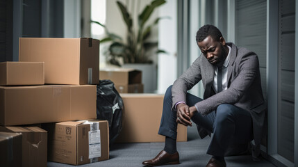 Dismissed man sits among cardboard boxes of his belongings. Depressed man in the process of moving. - obrazy, fototapety, plakaty