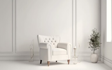 The interior has a armchair on empty white wall background. AI, Generative AI
