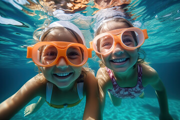 Naklejka premium Two Young Children Wearing Swim Goggles Delight in Carefree Summer Fun, Creating Cherished Childhood Memories. created with Generative AI