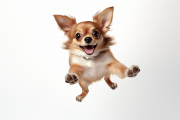 Happy chihuahua dog jumping towards the camera with surprised look