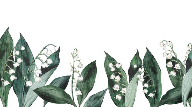 Watercolor banner with spring lilies of the valley branches. Illustration isolated, white backgraund. Design for printing postcards, invitations to weddings, birthdays, spring and summer holidays