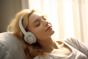 Blissful Moments Woman Relaxing with Music, Finding Tranquility and Inner Harmony Through the Joy of Sound. created with Generative AI