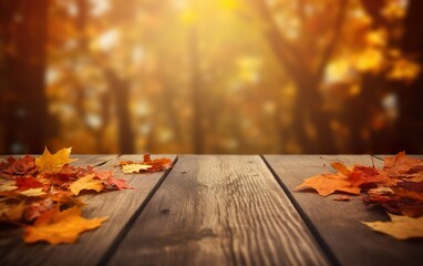 Naklejka na ściany i meble Wooden table with orange leaves autumn background. AI, Generative AI