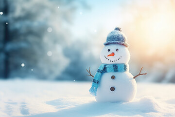Christmas Theme Background with Snowman at Sunrise/Sunset, Generative AI