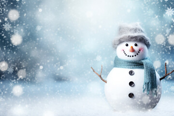 Christmas Theme Background with Cute Snowman Wearing Hat and Scarf Generative AI