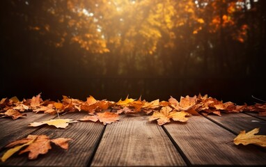 Naklejka na ściany i meble Wooden table with orange leaves autumn background. AI, Generative AI