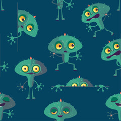 Seamless pattern with cute cartoon aliens