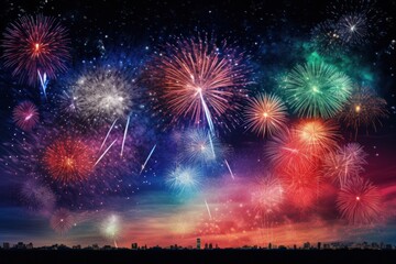 Fototapeta na wymiar Bright fireworks in night sky