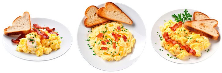 Set of scrambled eggs with toast and bacon,  isolated on transparent background - obrazy, fototapety, plakaty