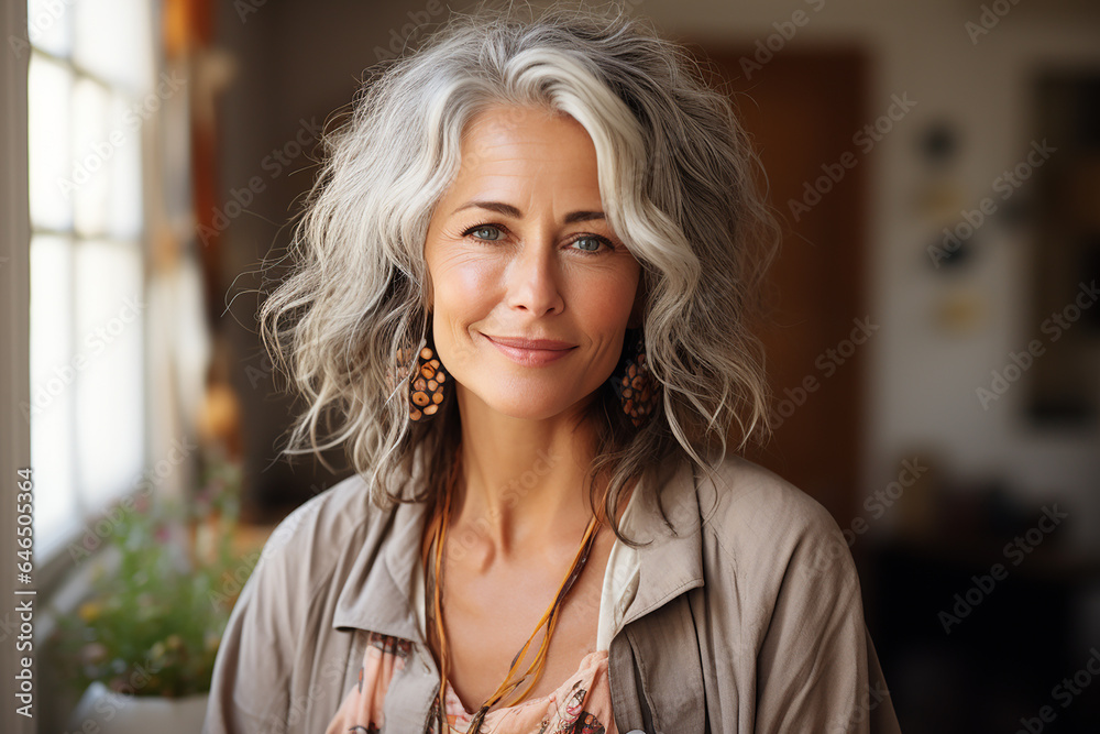 Wall mural portrait of a beautiful adult woman with curly gray hair in an apartment interior