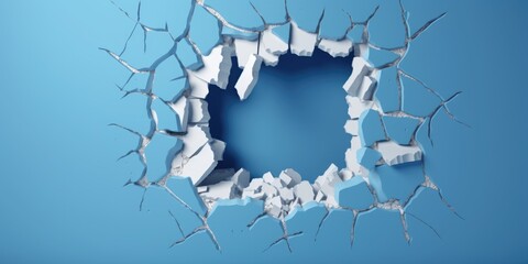 Breaking out of a hole in solid blue wall, torn hole, empty copy space frame, mockup. Generative AI image weber.