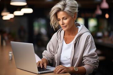 elderly beautiful woman with gray white hair and glasses sitting at a laptop in a office in a hoodie