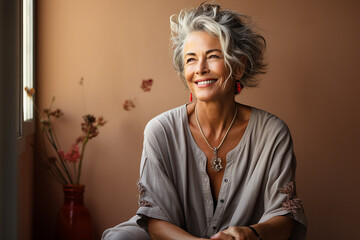 portrait of an elderly beautiful woman 50 years old, with white gray hair, a wide smile, in yoga clothes, on a beige background