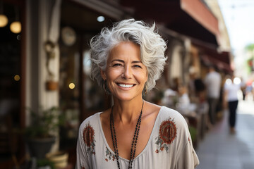 portrait of a beautiful elderly woman with white gray hair against the background of a restaurant in the city, smiling - obrazy, fototapety, plakaty
