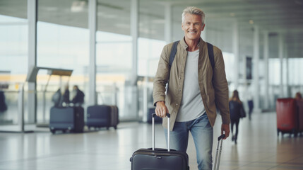 Man with luggage stands in the airport building waiting for his plane.