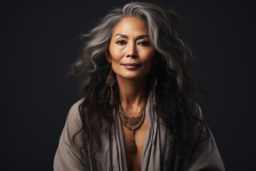 Fototapeta premium senior asian woman with long gray hair on black background