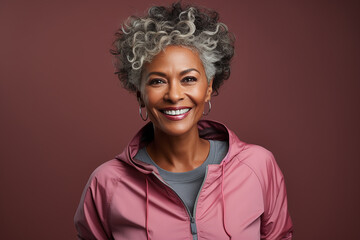 portrait of a dark-skinned African-American elderly woman with gray hair in a sports jersey on a dark pink background