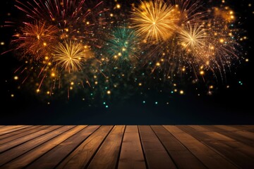 Empty wooden table in front of fireworks background. Product display montage. Festive dark background with golden light effects and empty wooden table for a christmas decoration.