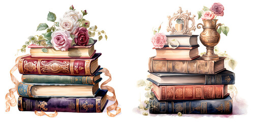 Set of watercolor rococo books with flowers, isolated on transparent background