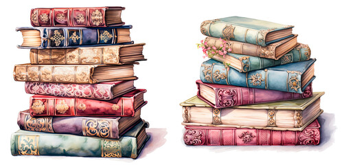 Set of watercolor rococo books, isolated on transparent background - obrazy, fototapety, plakaty