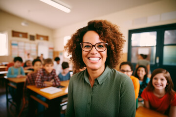 Portrait of a teacher smiling in a classroom - obrazy, fototapety, plakaty