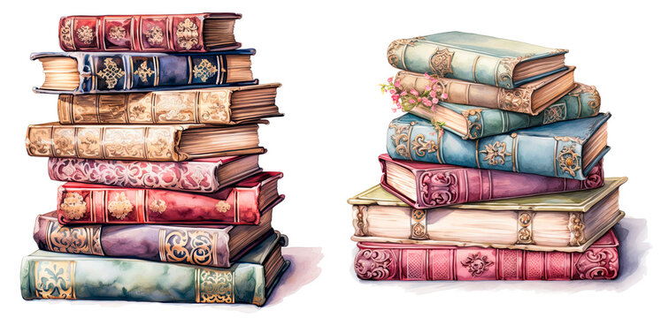 Set of watercolor rococo books, isolated on transparent background