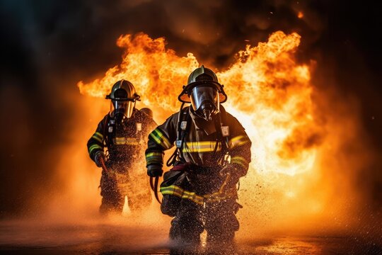 Fireman using water and extinguisher to fighting with fire flame in an emergency situation, Under danger situation all firemen wearing fire fighter suit for safety