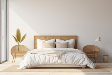 Home mockup, bedroom interior background with rattan furniture and blank wall