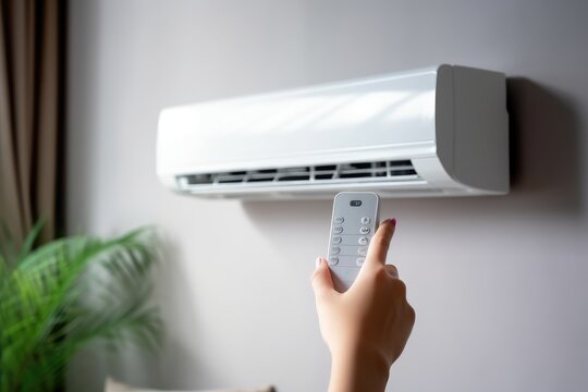 Hand holding an air conditioner remote. Air conditioner inside the room with woman operating remote controller