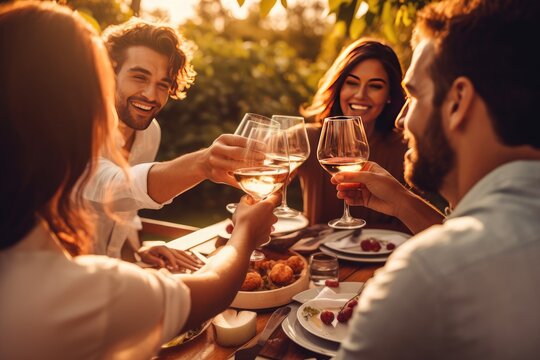 Happy Friends Having Fun Outdoor, Group Of Friends Having Backyard Dinner Party Together.