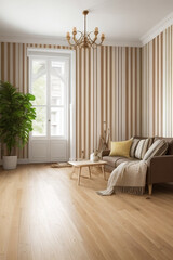 Empty living room with vintage oak floor and striped vinyl wallpaper, generative AI