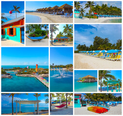 Collage about Cococay island at Caribbean sea