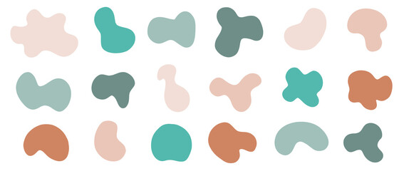Simple organic fluid shape set. Amoeba blobs of different pastel colors. Art form for social media posts, branding, banners. Vector illustration.