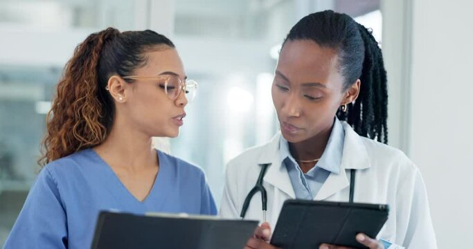 Doctors, team checklist and tablet for medical charts, hospital schedule and planning admin for workflow. Healthcare nurse and women on digital tech, documents or folder of clinic or data comparison