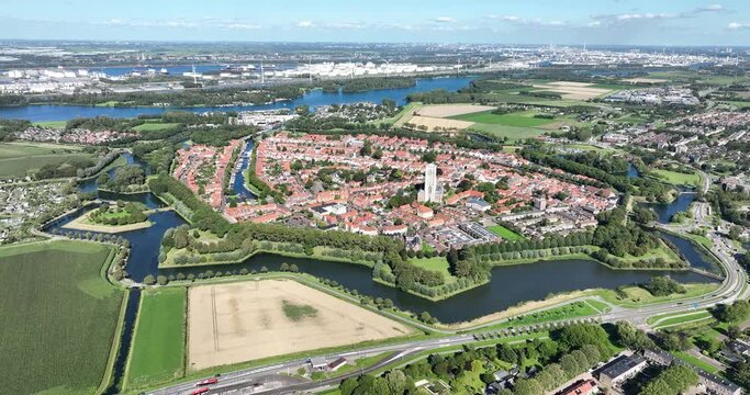 Aerial drone views of the historic town of Brielle, Den Briel, The Netherlands.