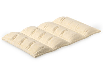 Uncooked frozen filled puff pastries isolated on white.
