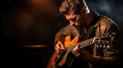Obraz premium Male musician playing guitar at a rock concert