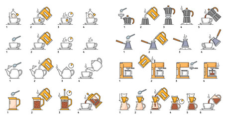 Make tea and coffee brew, preparation instruction. Tea bag and fresh coffee drink brewing step by step vector instruction with espresso machine, filter, french press and moka, cezve outline pictograms